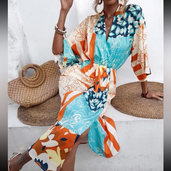 Boho floral print batwing sleeve slit thigh one dress - Picture 3 of 6